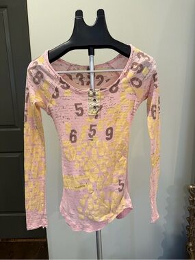 Free People Pink Yellow Graphic Long Sleeve Henley Small Boho Y2K Top
